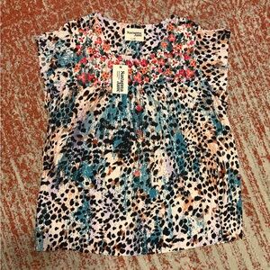 Savanna Jane Floral & Animal Print Short Sleeve Blouse in Teal, Pink, Black